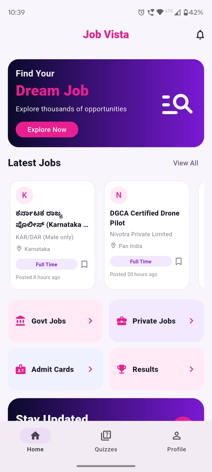 Job Vista Mobile App - Home Screen