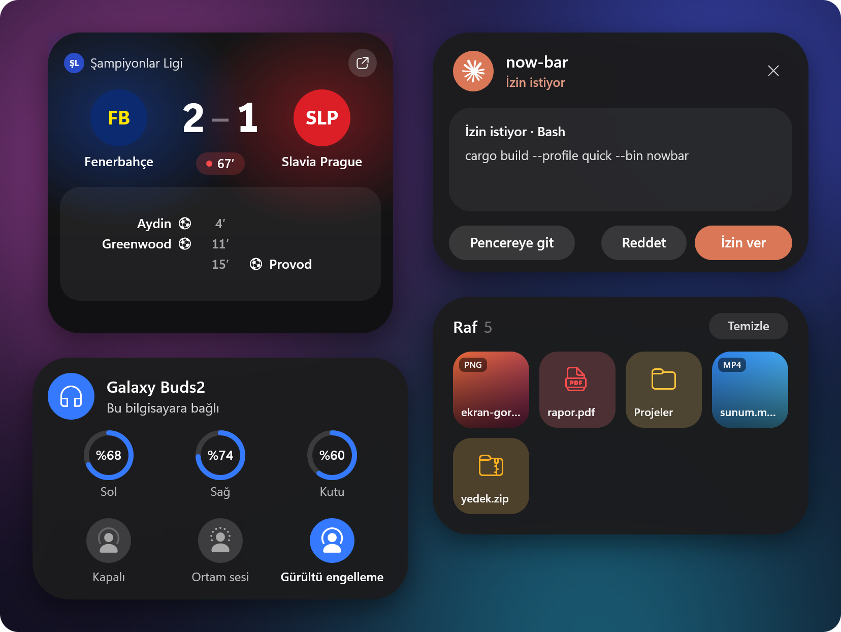Canlı maç kartı, Claude Code izin kartı, Galaxy Buds kartı ve raf kartı