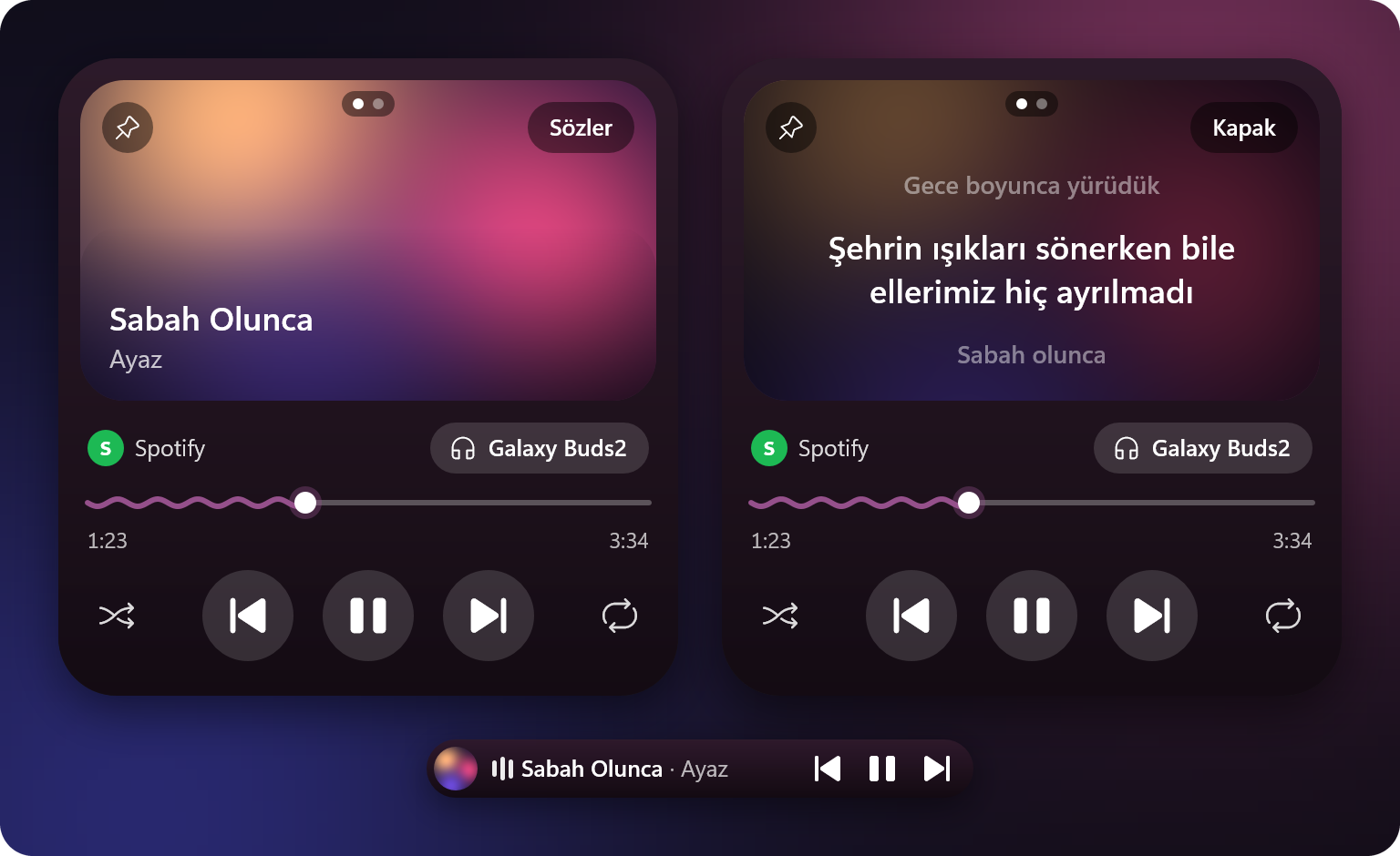 Müzik kartı: kapak, ilerleme çubuğu ve düğmeler; yanında aynı şarkının sözleri; altında müzik pili