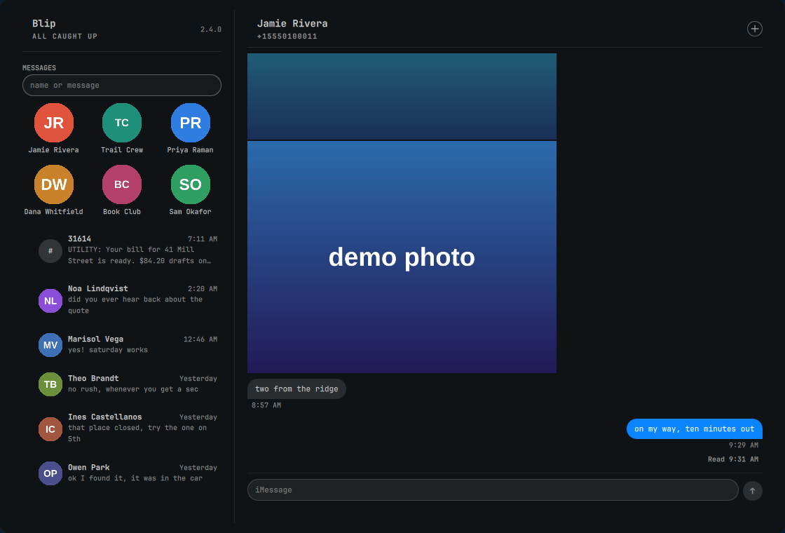 The Blip app window: conversation list on the left, thread with a link card, reply, attachment and read receipt on the right