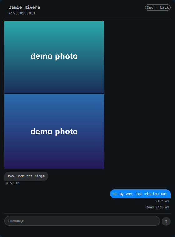 A conversation in the bar popout: two photos from one message, both inline, and a read receipt