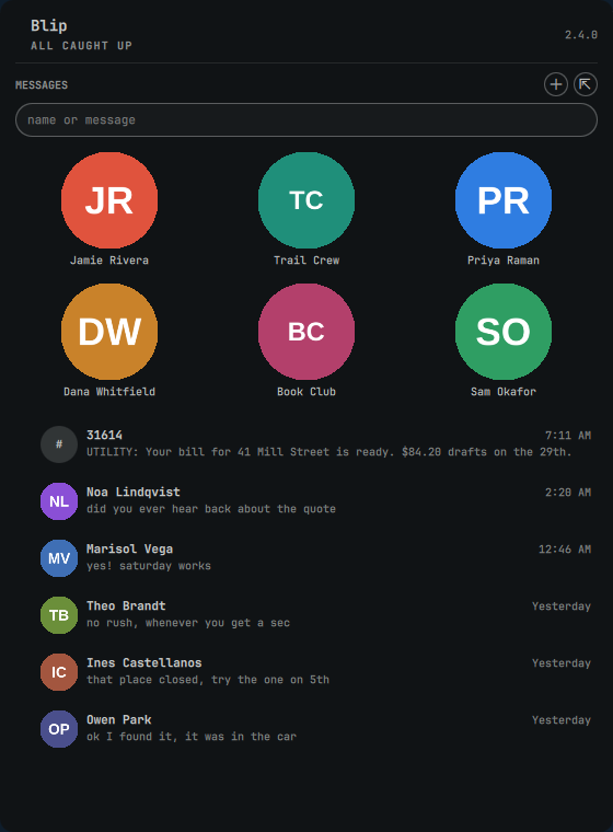 The bar popout: pinned conversations as tiles above the thread list