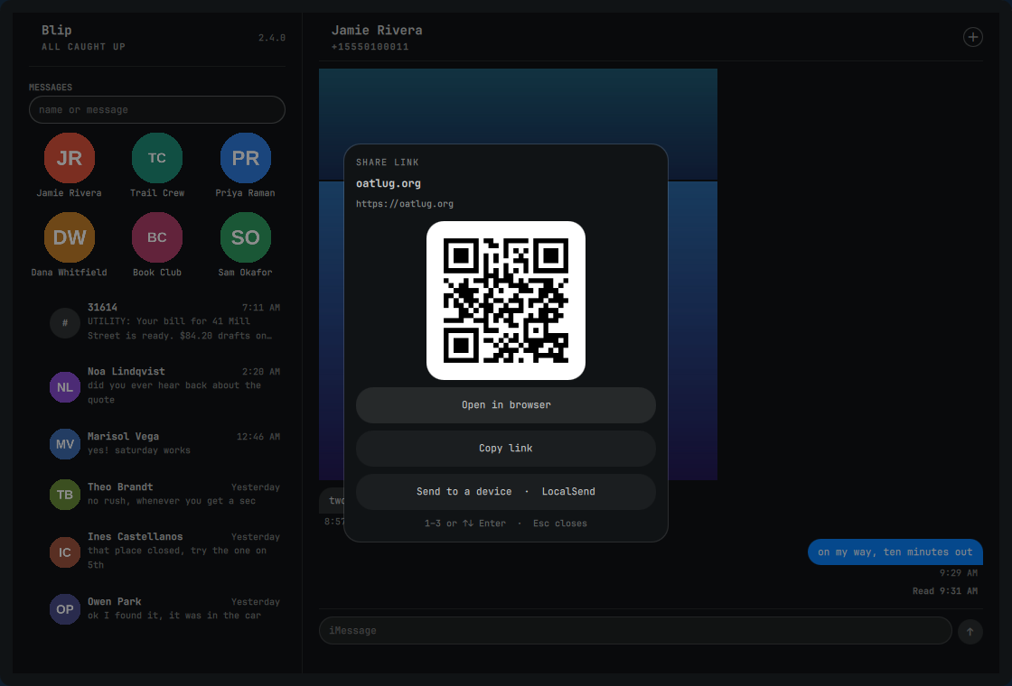 The share sheet on a link: open in browser, copy, a QR code, or send to a device with LocalSend