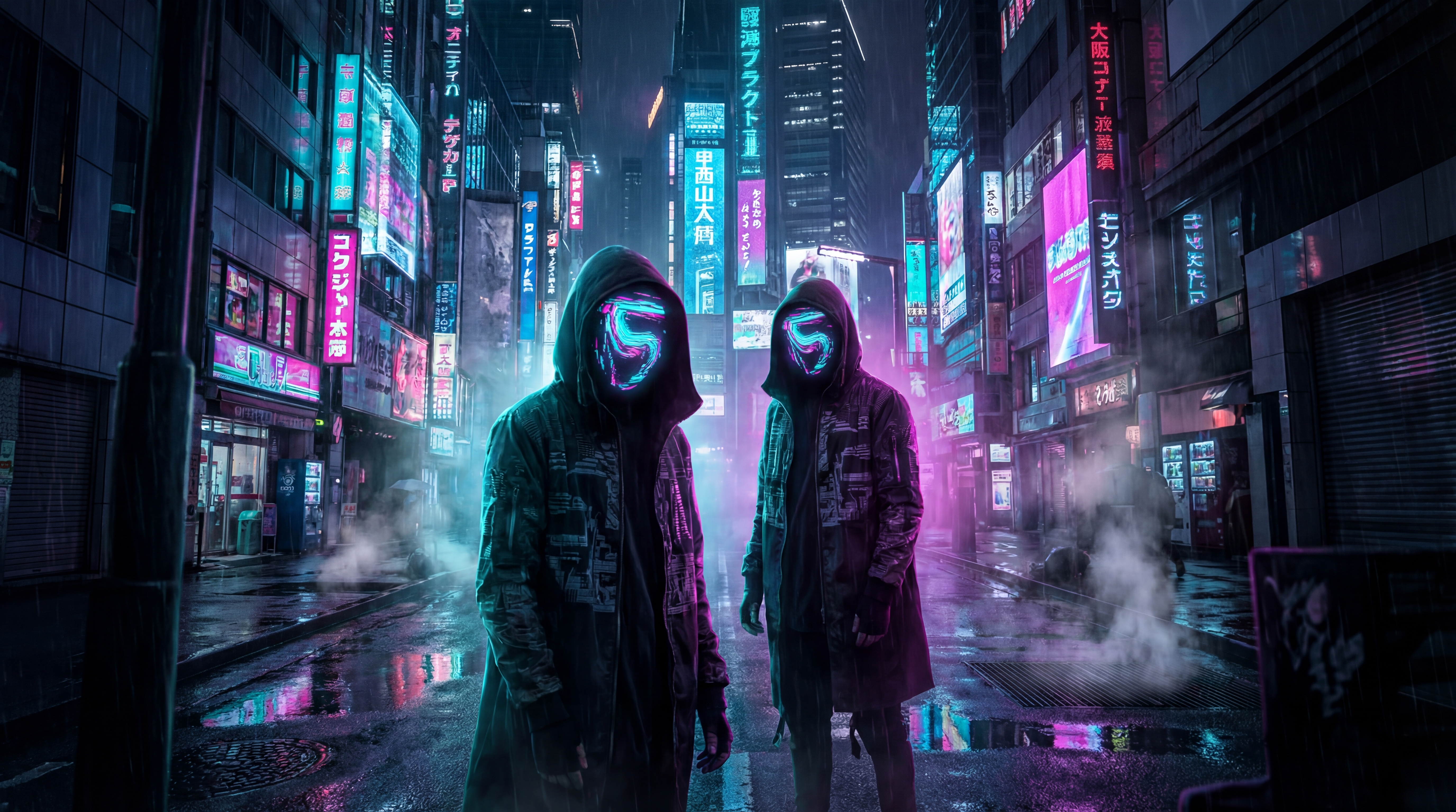 Two masked hackers in a neon city