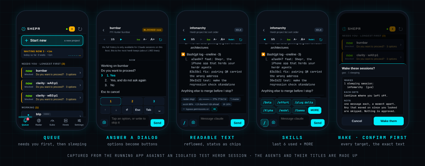 Shepr screens: the queue, answering a dialog, readable text, waking sleeping sessions