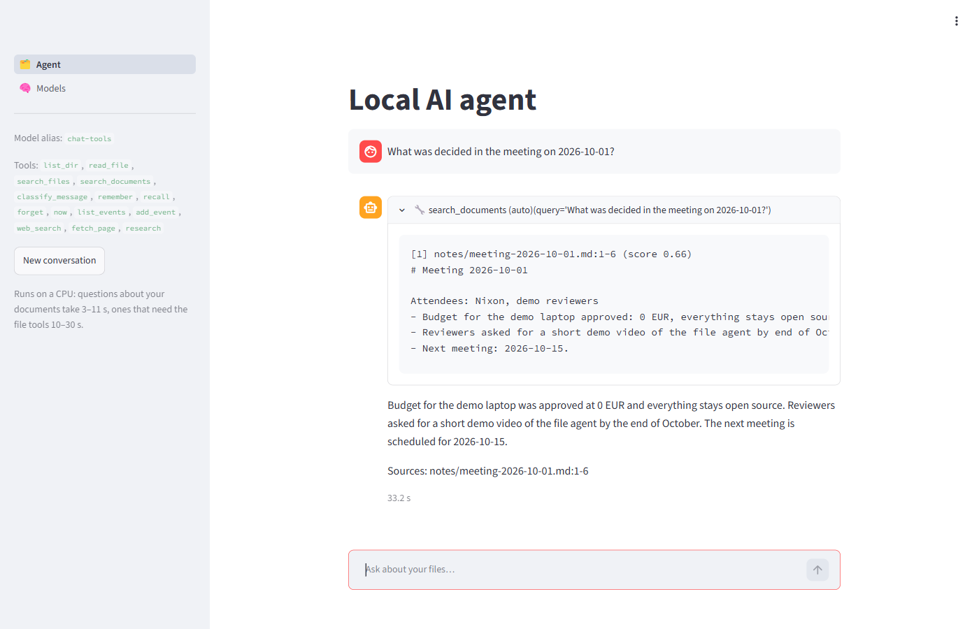 The agent answering from the user's own meeting notes, with the retrieved passage and its source