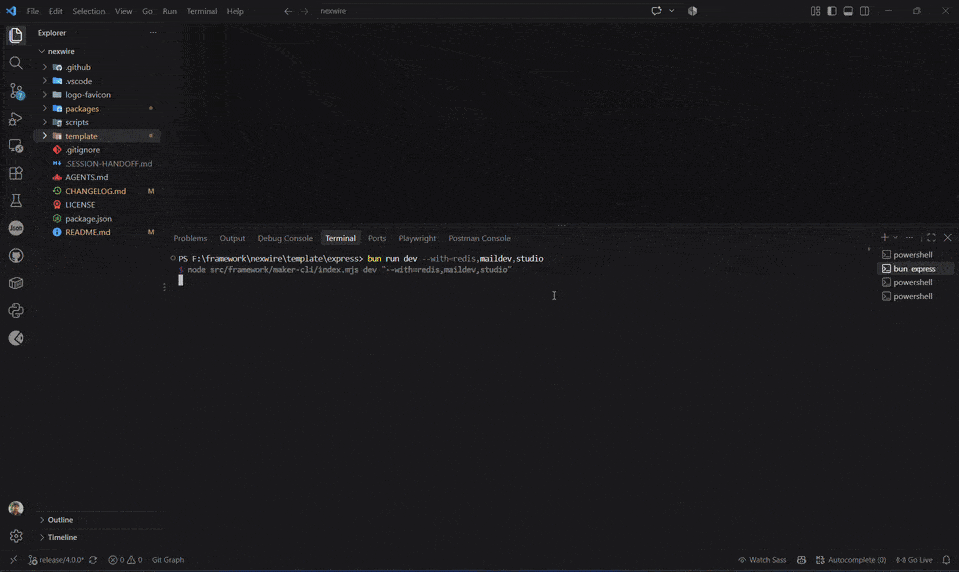 nexwire dev mode: API, UI, API docs, queue dashboard and mail UI booting in one command