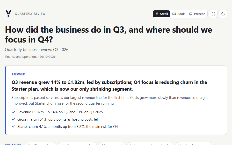 Answer page: a quarterly review question with the answer headline and three supporting points