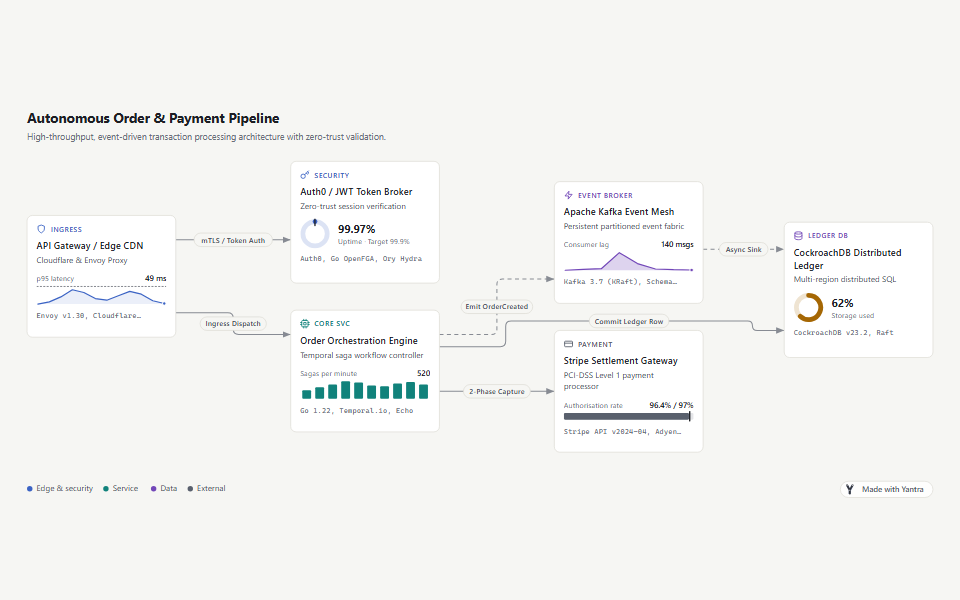 Architecture diagram: an order and payment pipeline with mini charts on the cards