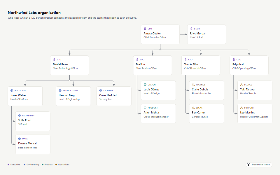 Org chart: leadership and teams in a tree layout