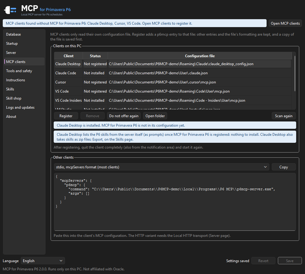 Settings: MCP clients