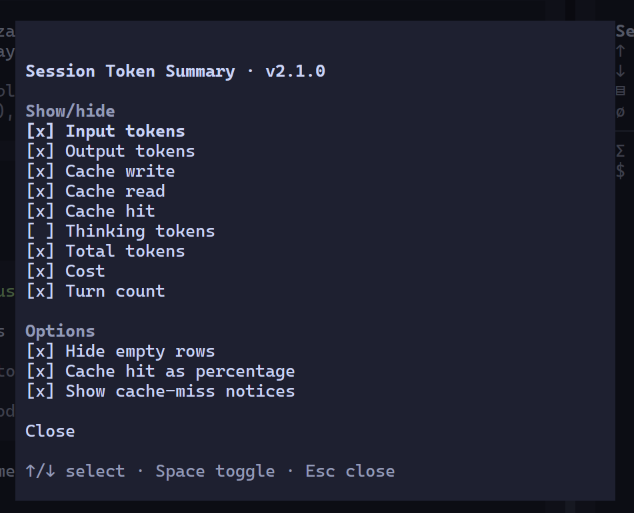 Session Token Summary settings modal