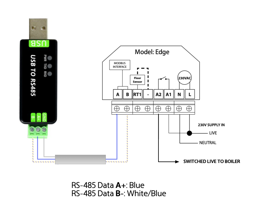 Heatmiser Edge Connected to USB using RS-485 wiring