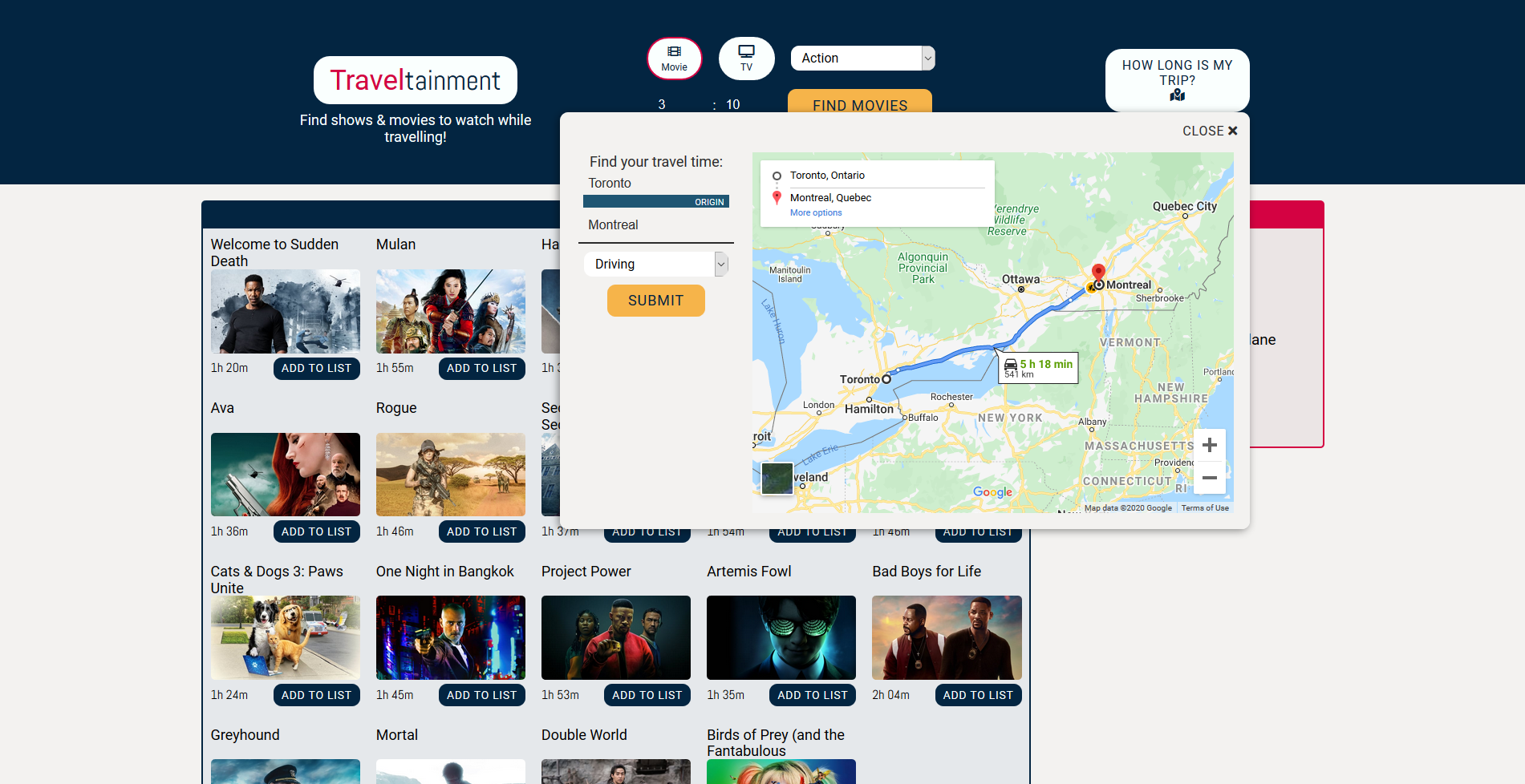 Traveltainment Screenshot with map