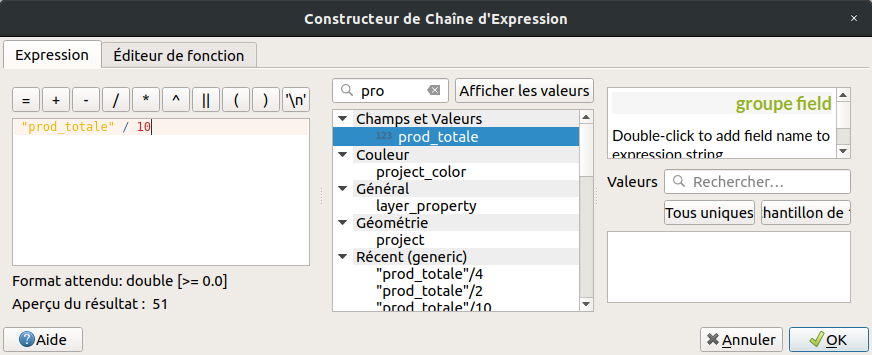 Utiliser une expression pour calculer la taille du cercle