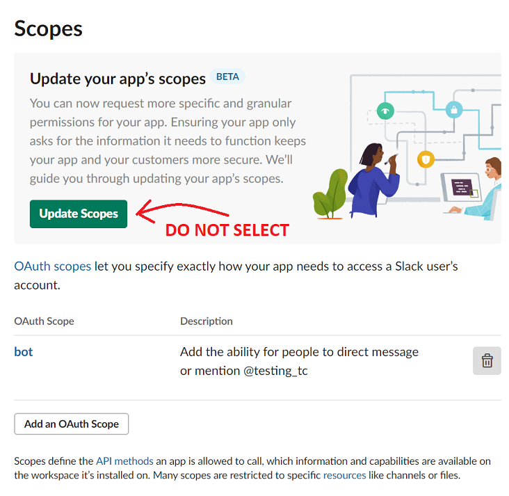 Beta Slack bot scopes
