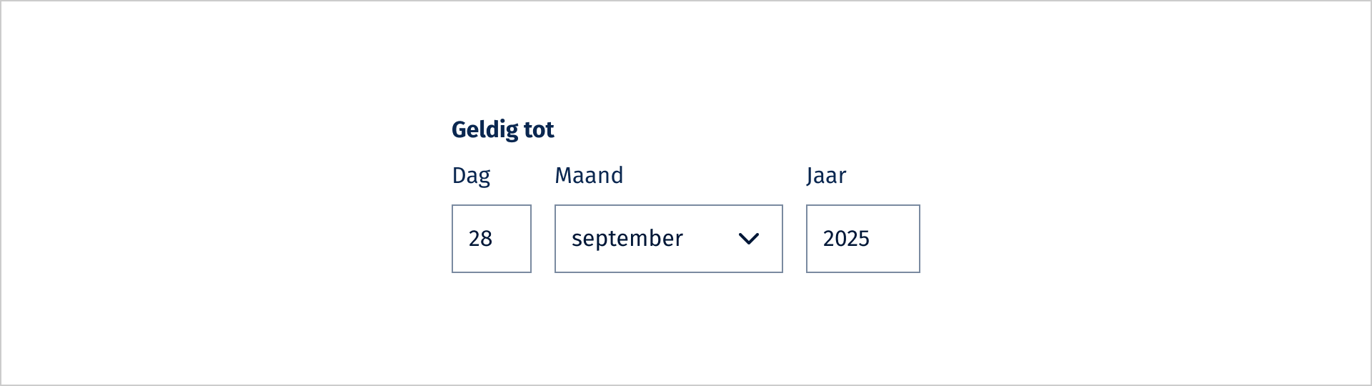 Datum selectie met een tekstveld voor de dag, een select voor de maand en een tekstveld voor het jaar