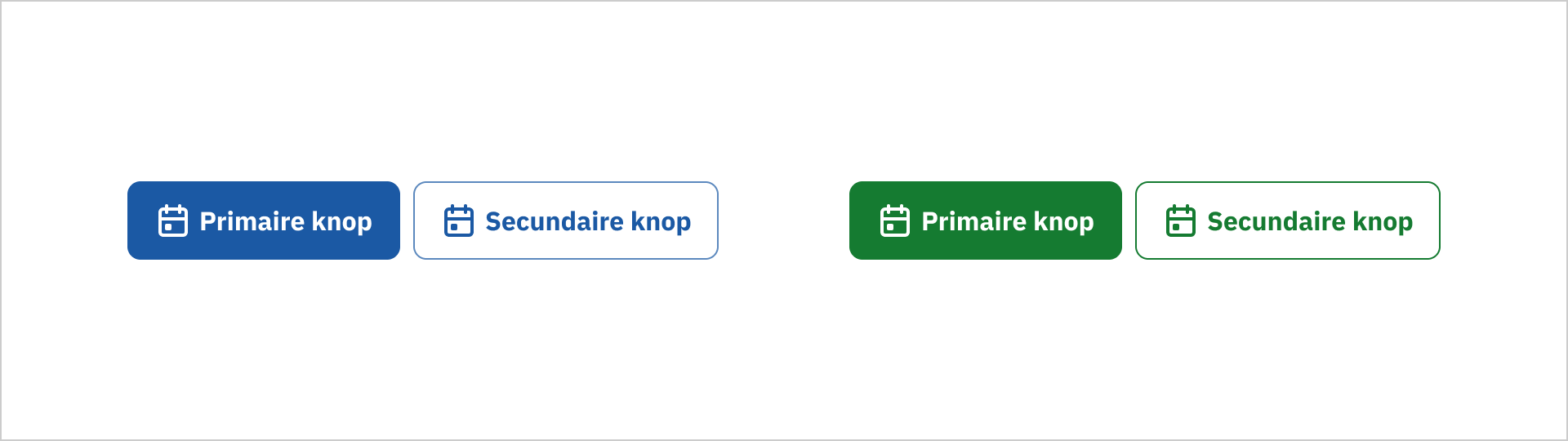 De afbeelding toont 2 keer 2 knoppen van het primaire en secondaire type. Links met blauwe kleuren. Rechts met groene kleuren. Bij de primaire knop is de kleur toegepast op de achtergrond. Bij de secondaire knop is de kleur toegepast op de tekst en de rand.