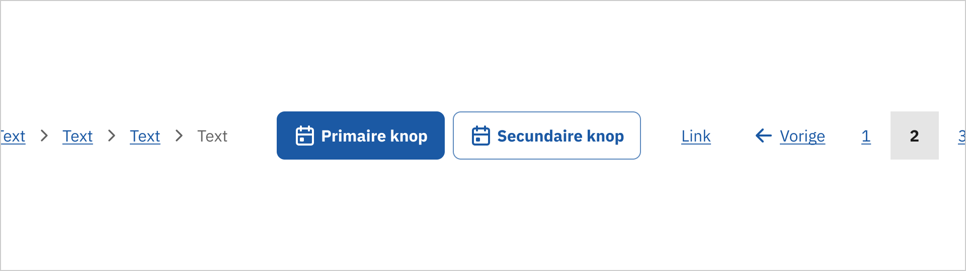 De afbeelding toont de componenten Button, Link, Breadcrumb Navigation en Page Number Navigation op basis van een blauwe kleur.