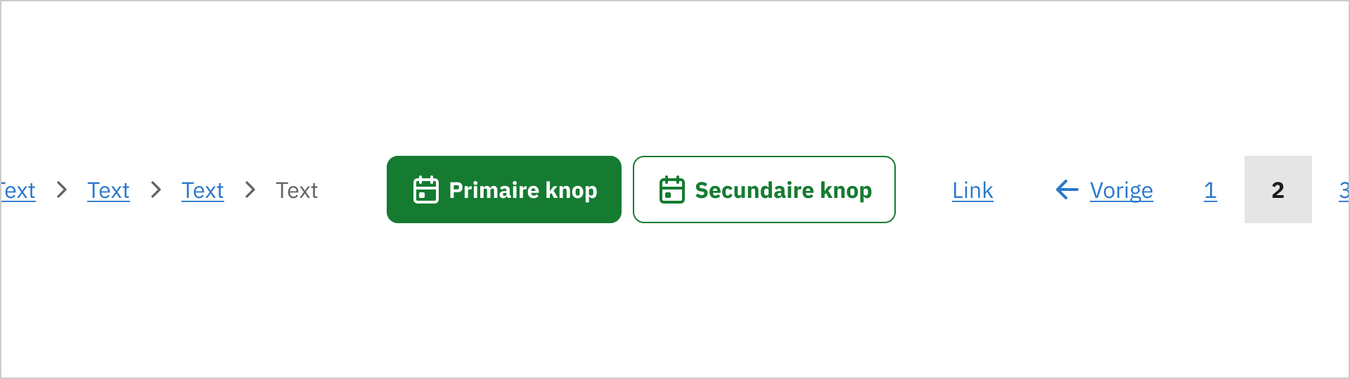De afbeelding toont de componenten Button, Link, Breadcrumb Navigation en Page Number Navigation. De knoppen zijn groen. Alle andere interactieve componenten zijn blauw.