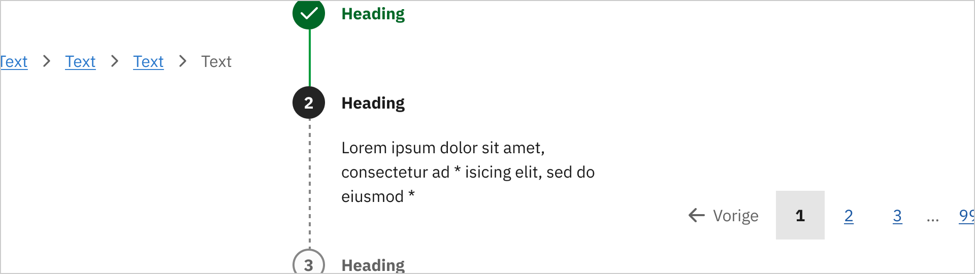 De afbeelding toont de componenten Breadcrumb Navigation, Page Number Navigation en Progress List met grijze kleuren.