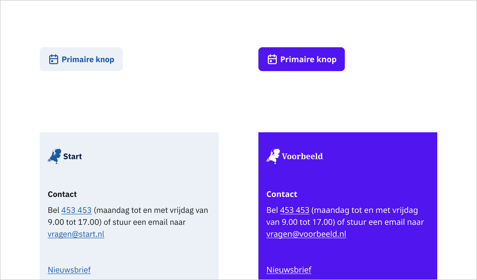 De afbeelding toont de componenten Button en Page Footer, die twee keer zijn afgebeeld.. Links hebben ze subtiele kleuren, rechts hebben ze een stevige kleurstelling.