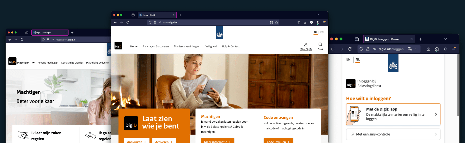 screenshots van verschillende Logius-producten: machtigen homepage, digid homepage en digid inlogschermen