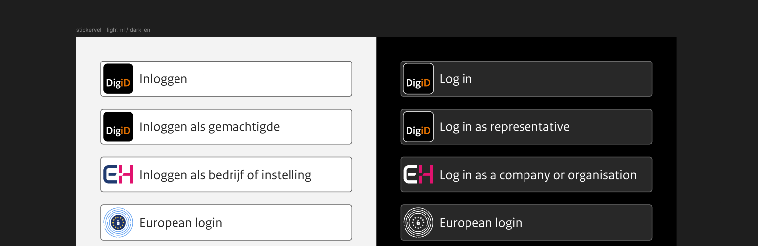 screenshot van stickervel in Figma, met daarin een lijst van buttons met verschillende login opties zoals digid en eherkenning