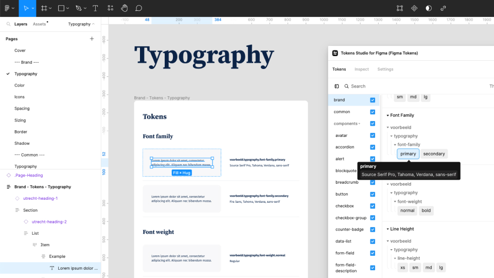 Screenshot van Figma en de Studio Token plugin. De pagina 'Typography' van het niveau 'Brand' is geselecteerd. Er is een deel van een Frame te zien met verschillende typografische onderdelen.