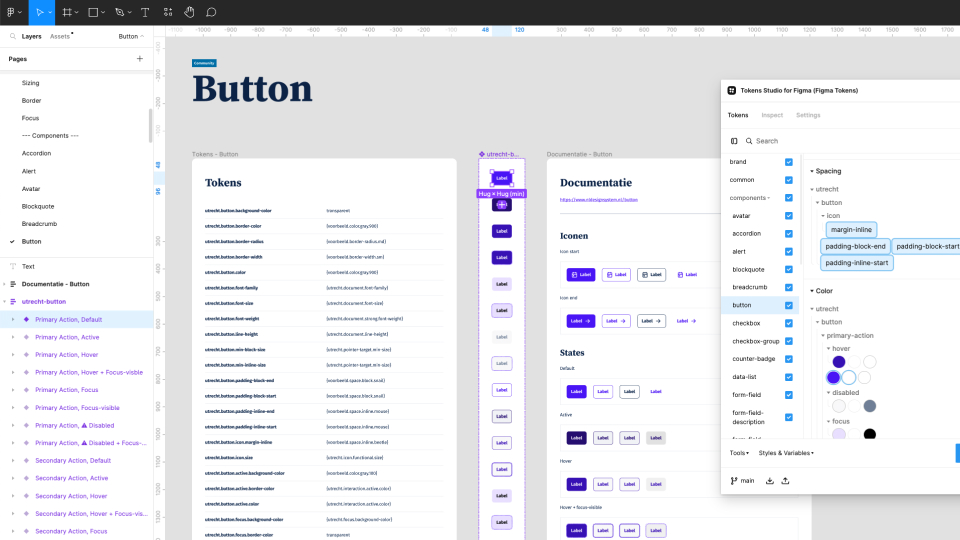 Screenshot van Figma en de Studio Token plugin. De pagina 'Button' van het niveau 'Component' is geselecteerd. Er is een deel van een Frame te zien met verschillende button design tokens en het button component zelf.