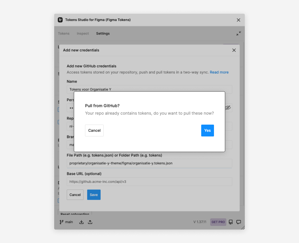 Screenshot toont de Studio Token plugin. Er wordt een modal scherm getoond met de vraag 'Pull from Github?'. Opties zijn 'Cancel' en 'Yes'.