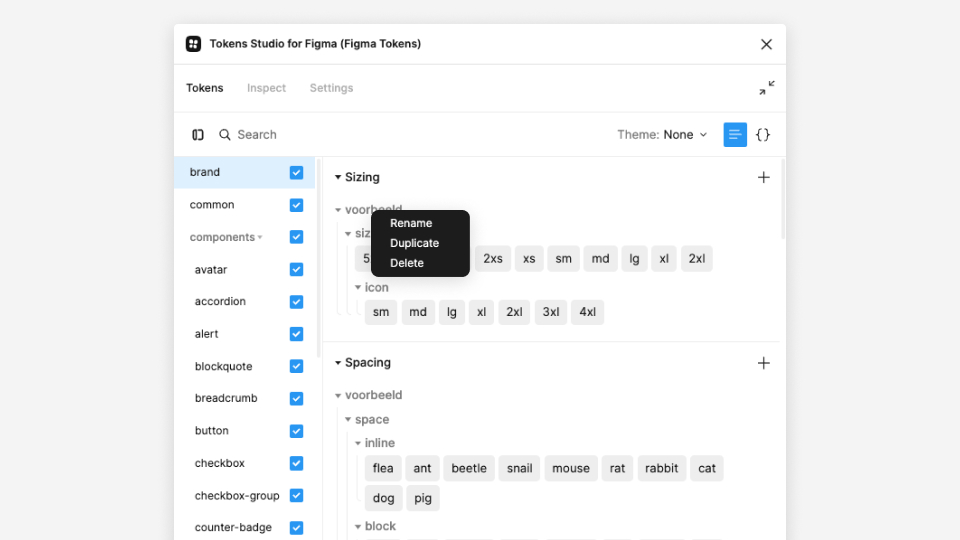 Screenshot toont de Studio Token plugin. Een context-menu toont onder andere de optie 'Rename'.