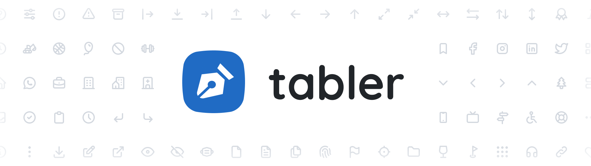 Tabler logo met op de achtergrond allerlei verschillende iconen uit deze set.