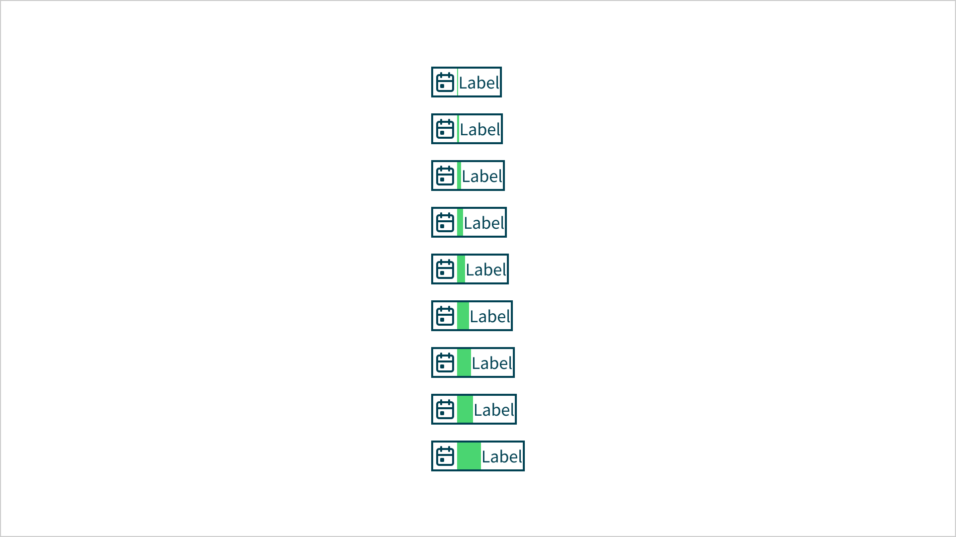Spacing scale met verticaal 10 blokjes. In elk blokje staat een kalender icoon en de tekst 'label'. Tussen het icoon en de tekst staan groene vlakken. De vlakken worden per blokje breeder.
