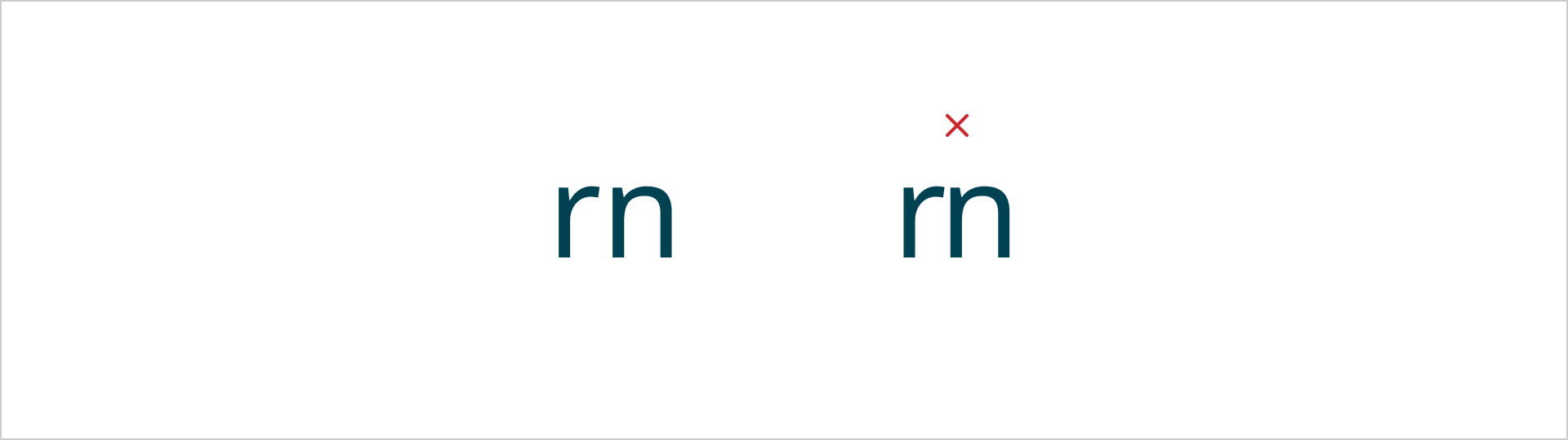De letters 'r' en 'n' zijn twee keer afgebeeld. Bij heeft eerste voorbeeld is er voldoende letter afstand. Bij het tweede voorbeeld is er te weinig letter afstand. Bij het tweede voorbeeld staat een rood kruis.