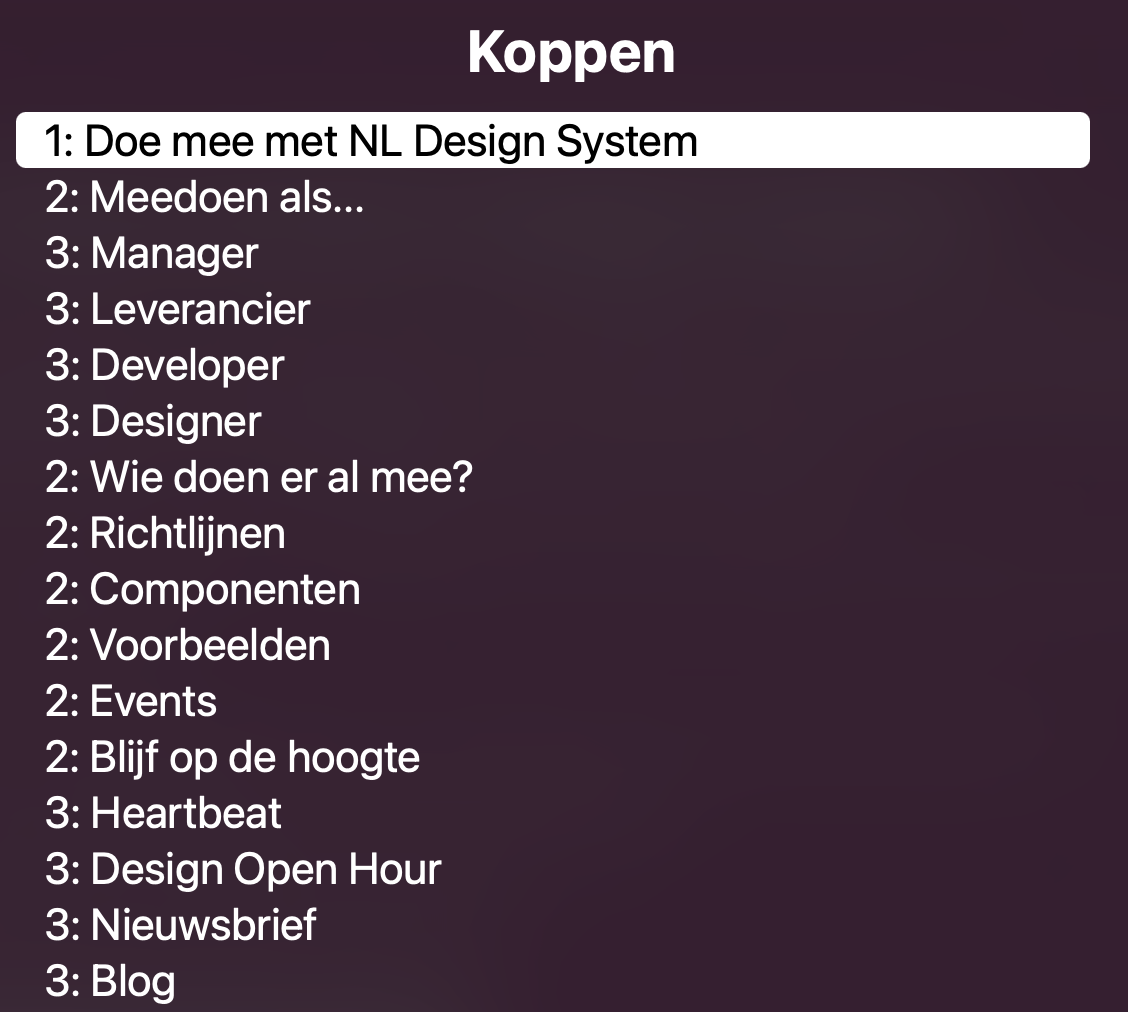 Screenshot web rotor VoiceOver van de voorpagina van deze website