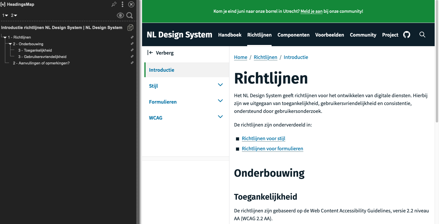 Screenshot de koppensctructuur van de pagina over richtlijnen op deze website