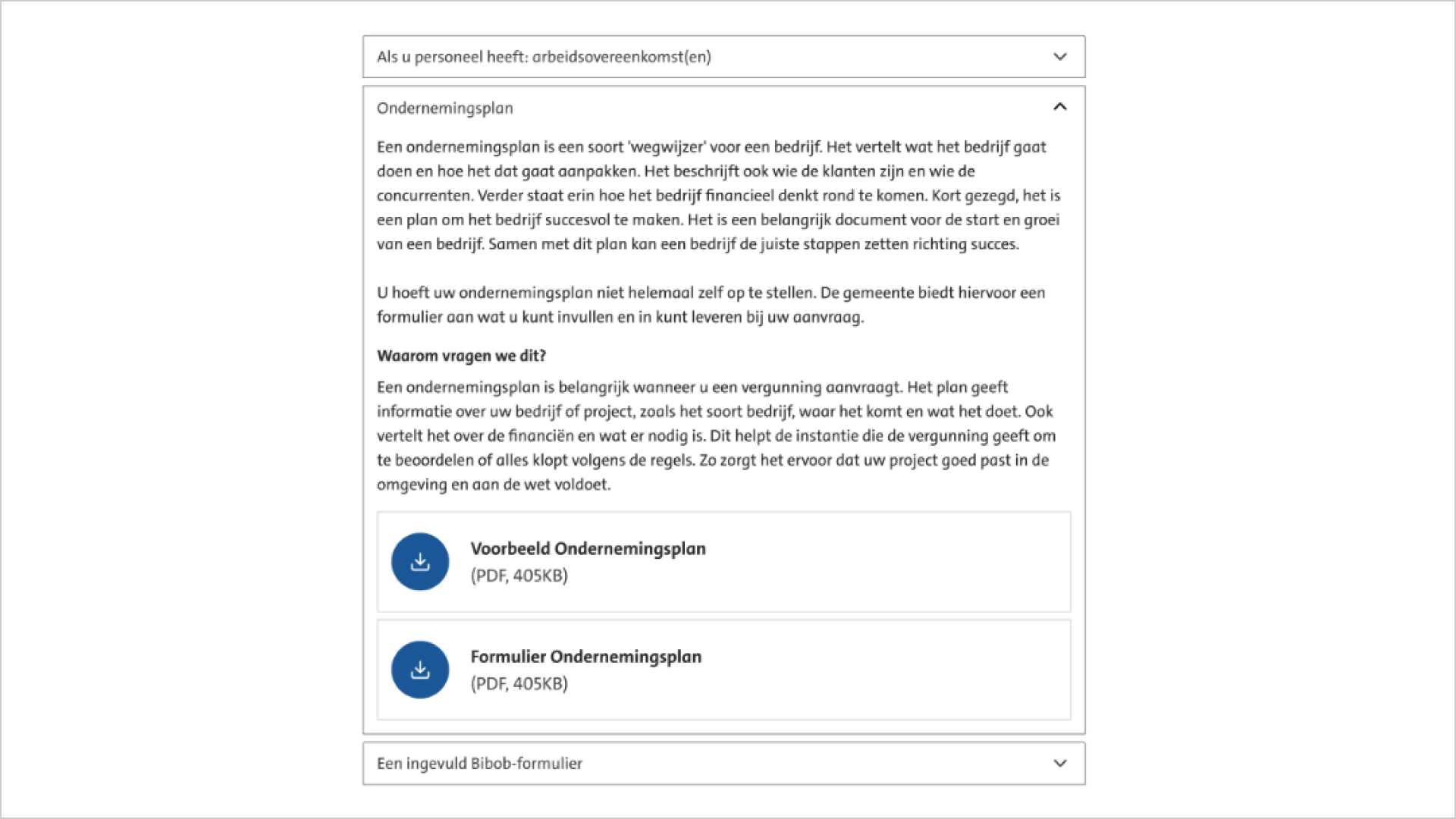 Screenshot van een Accordion. Het tweede accordeon-item is open. Deze heeft de tekst 'Ondernemingsplan'. Onderaan staan twee documenten met de titels 'Voorbeeld ondernemingsplan' en 'Formulier ondernemingsplan'. Die documnenteren kunnen gedownload worden als pdf.
