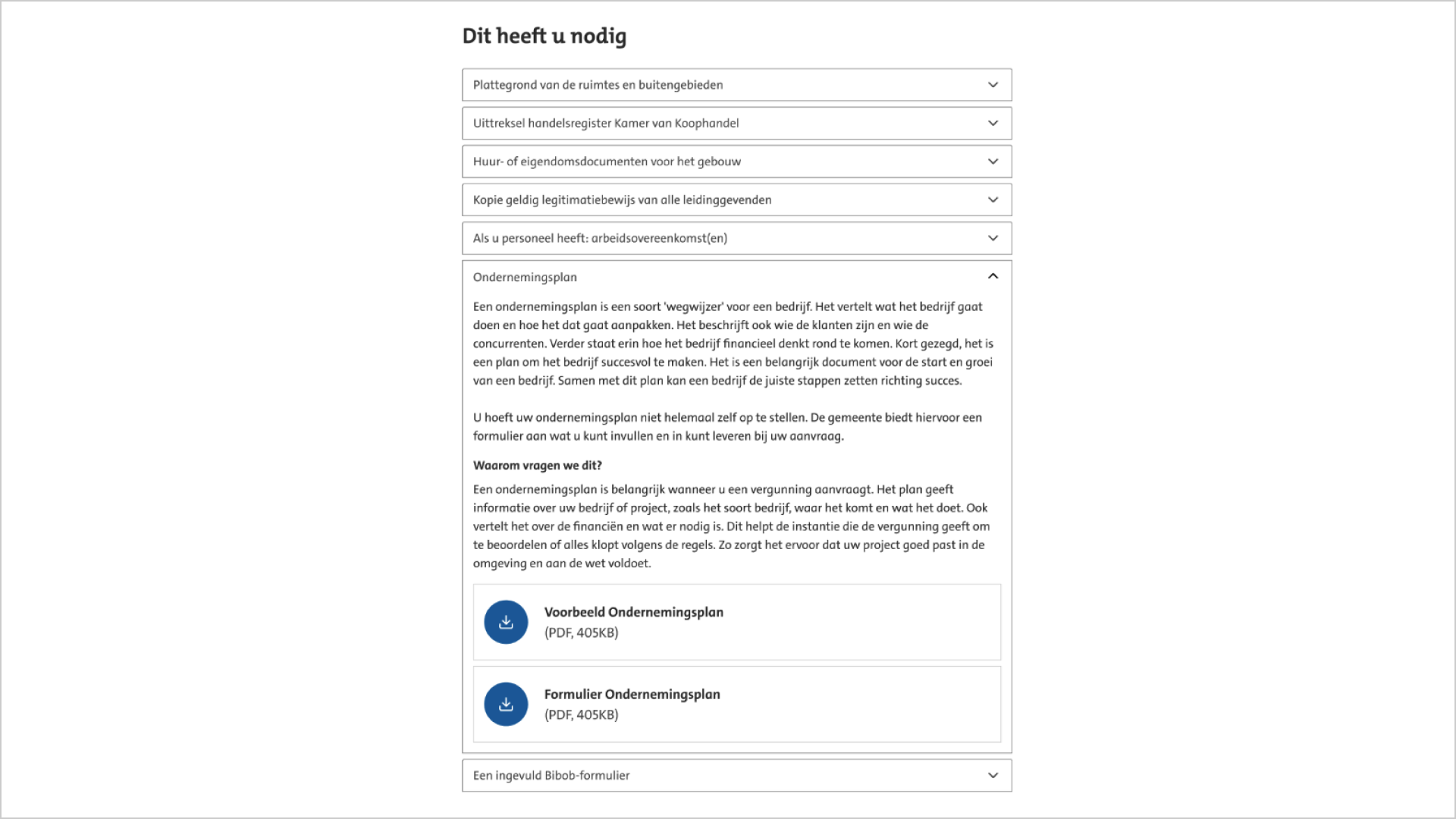 Screenshot van een Accordion. Het tweede accordeon-item is open. Deze heeft de tekst 'Ondernemingsplan'. Onderaan staan twee documenten met de titels 'Voorbeeld ondernemingsplan' en 'Formulier ondernemingsplan'. Die documnenteren kunnen gedownload worden als pdf.