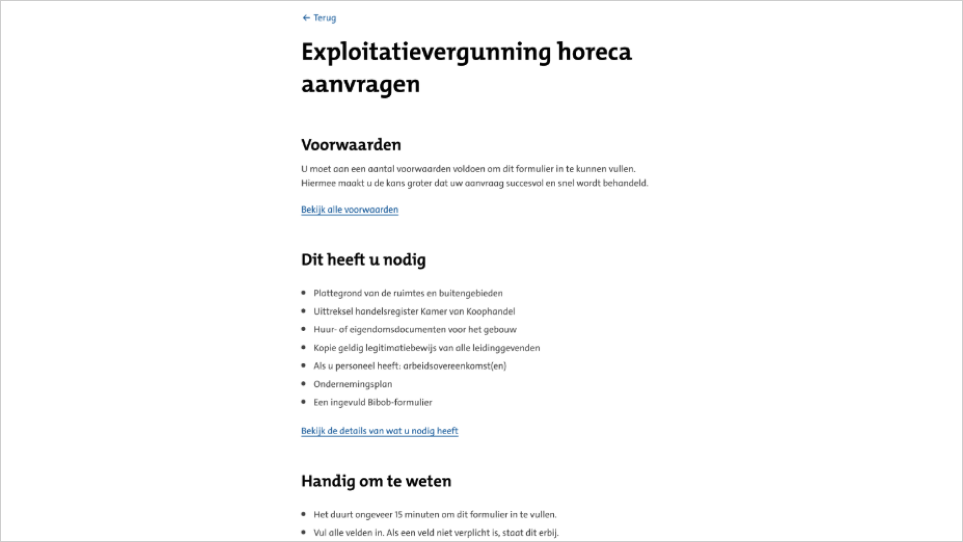 Screenshot van een introductiepagina. Op deze pagina staan drie kopjes: Voorwaarden, Dit heeft u nodig, Handig om te weten.
