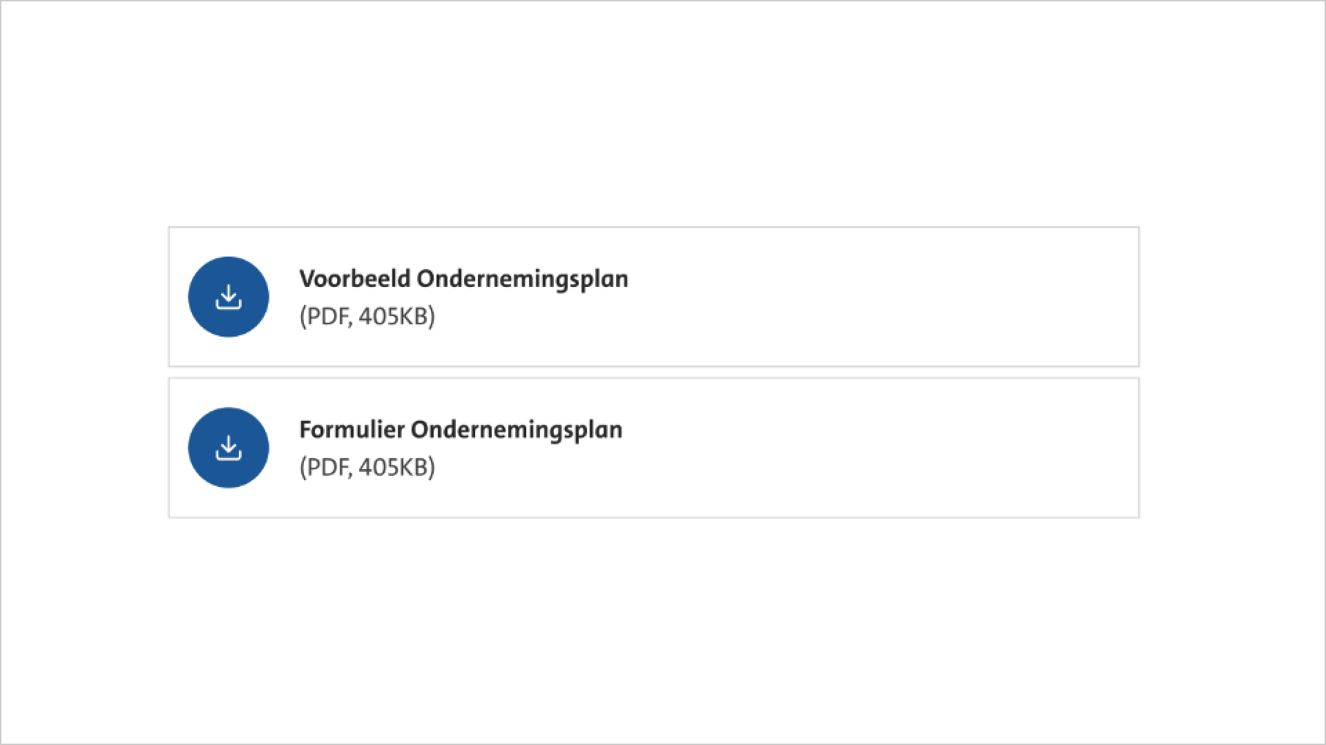 Screenshot van twee documenten die zijn te downloaden als PDF met de titels: Voorbeeld ondernemingsplan en Formulier ondernemingsplan.