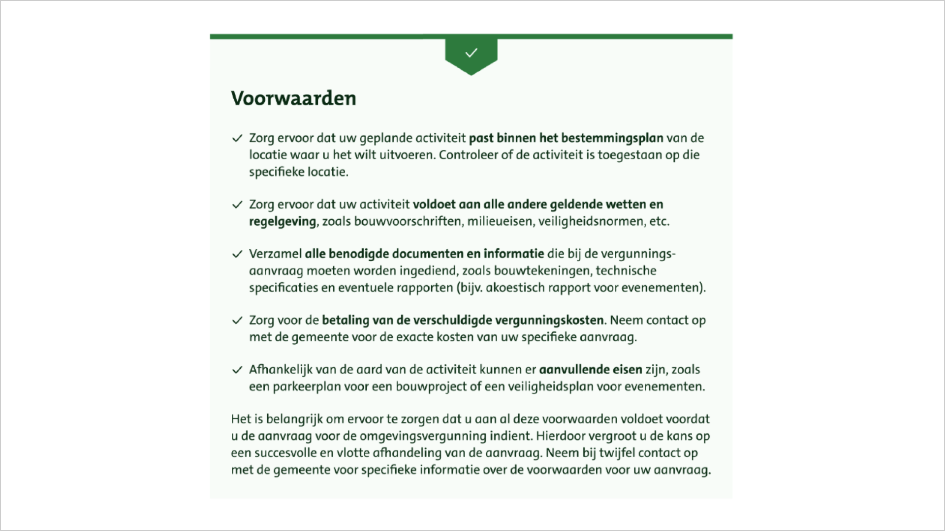 Screenshot van een lichtgroen kader met als titel 'Voorwaarden'. Daaronder is een uitgebreide checklist te lezen.