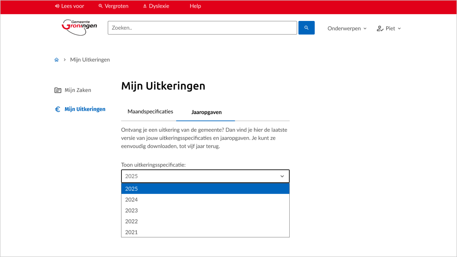 Desktopscherm van 'Mijn Uitkeringen' met de tab 'Jaaropgaven' actief. Het keuzemenu 'Toon uitkeringsspecificatie' is geopend en klapt naar beneden uit, met de jaren 2025 tot en met 2021; 2025 is geselecteerd.