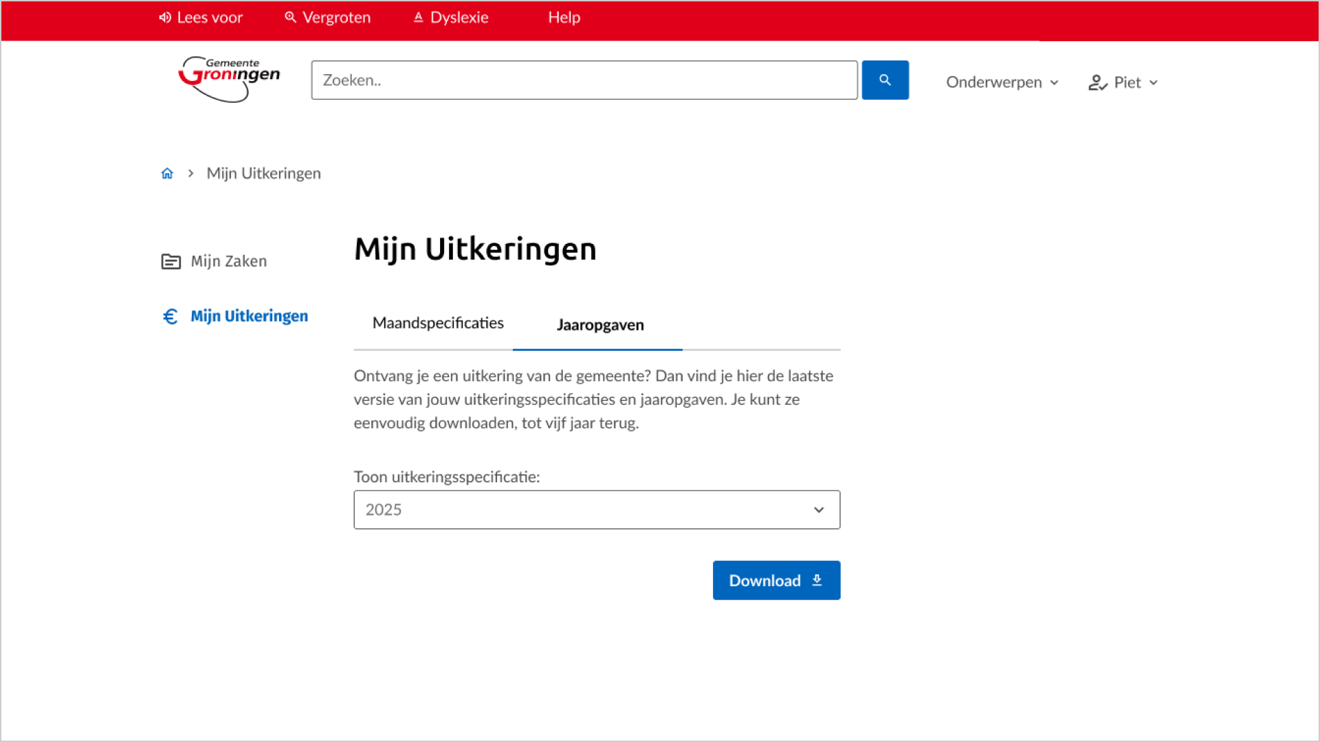 Desktopscherm van 'Mijn Uitkeringen' met de tab 'Jaaropgaven' actief, de introductietekst 'Ontvang je een uitkering van de gemeente? Dan vind je hier de laatste versie van jouw uitkeringsspecificaties en jaaropgaven. Je kunt ze eenvoudig downloaden, tot vijf jaar terug.', het keuzemenu 'Toon uitkeringsspecificatie' met 2025 en de knop 'Download'.