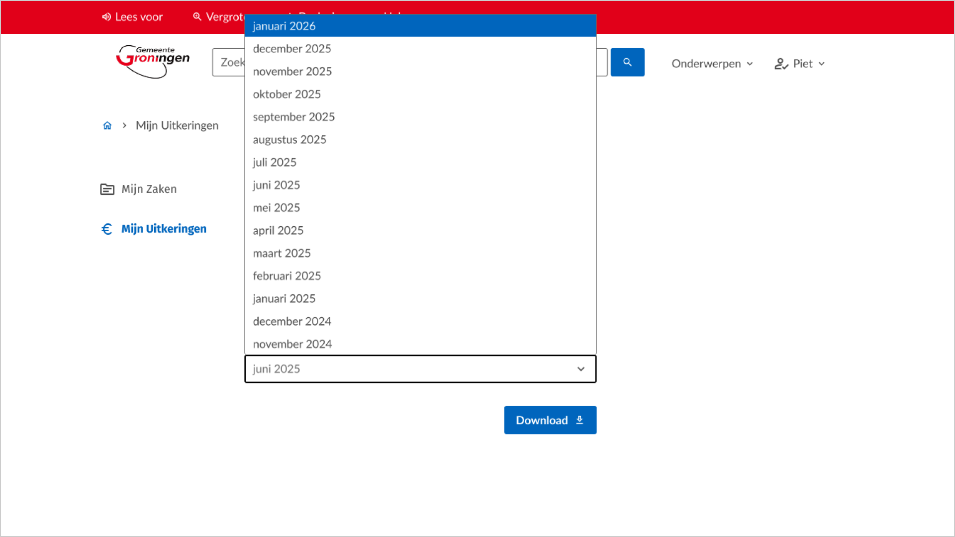 Desktopscherm van 'Mijn Uitkeringen' met de tab 'Maandspecificaties'. Het keuzemenu 'Toon uitkeringsspecificatie' is geopend en klapt naar boven uit, met de maanden van januari 2026 bovenaan tot november 2024 onderaan; 'juni 2025' is geselecteerd. Daaronder de knop 'Download'.
