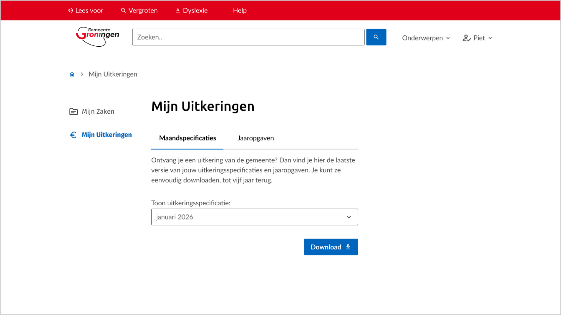 Desktopscherm van 'Mijn Uitkeringen' met de tab 'Maandspecificaties' actief, de introductietekst 'Ontvang je een uitkering van de gemeente? Dan vind je hier de laatste versie van jouw uitkeringsspecificaties en jaaropgaven. Je kunt ze eenvoudig downloaden, tot vijf jaar terug.', het keuzemenu 'Toon uitkeringsspecificatie' met 2025 en de knop 'Download'.