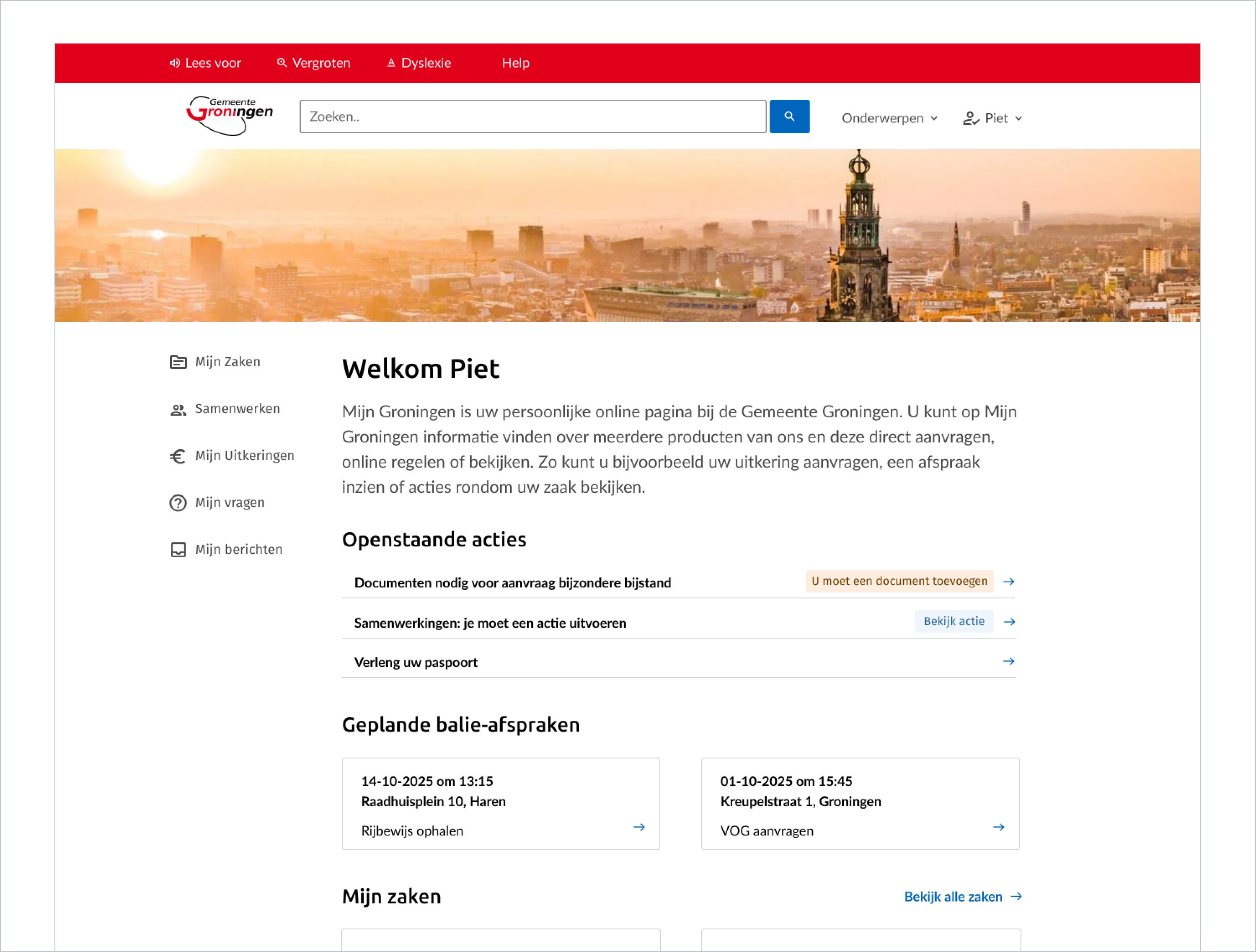 Screenshot van Mijn Omgeving Homepage Gemeente Groningen op een groot scherm. Links staan de navigatie onderdelen bestaande uit: Mijn zaken, Samenwerken, Mijn uitkeringen, Mijn vragen en Mijn berichten.