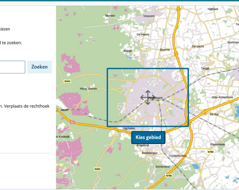 Screenshot van prototype toont een kaart met daarop een blauw rechthoekig kader. In het kader staat een kruis van pijlen die naar boven, rechts, onder en links wijzen. Onder dit rechthoek staat een button met de tekst 'Kies gebied'.