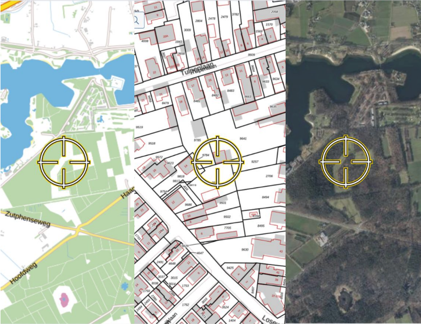 Ronde lichtgevende cirkel als kruissteken op drie verschillende kaart-typen. Illustratief, zwart-wit en satelietfoto.