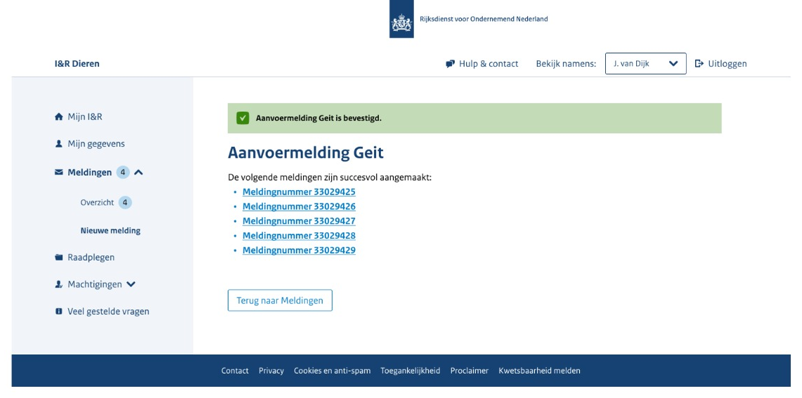 Prototype van de bevestigingspagina met de groene melding 'Aanvoermelding Geit is bevestigd' en de tekst 'De volgende meldingen zijn succesvol aangemaakt', gevolgd door een lijst met vijf meldingnummers en de knop 'Terug naar Meldingen'.